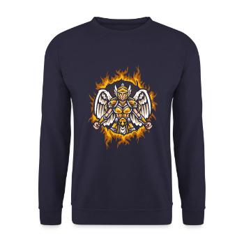Valkyrie mit Halftone Fire Hintergrund - Unisex Pullover - Navy - Vorne - Alina (178cm) & Michal (187cm)
