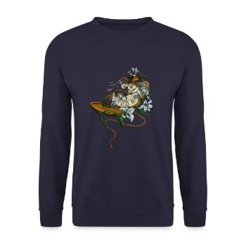 Broken pocket watch with wings and lilies - Unisex Sweatshirt - navy - Front - Alina (178cm) & Michal (187cm)