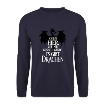 Ich bin hier wegen der Drachen - Unisex Pullover - Navy - Vorne - Alina (178cm) & Michal (187cm)
