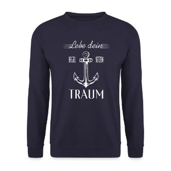 Lebe dein Traum - Anker weiss - Unisex Pullover - Navy - Vorne - Alina (178cm) & Michal (187cm)