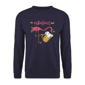 Es eskaliert eh Flamingo mit Bier - Unisex Pullover - Navy - Vorne - Alina (178cm) & Michal (187cm)