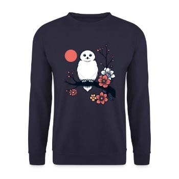 Schneeeule im Frühlingsmond Nacht - Unisex Pullover - Navy - Vorne - Alina (178cm) & Michal (187cm)