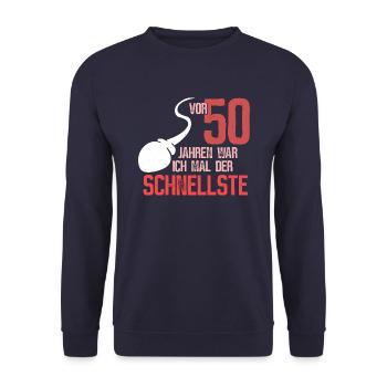 50. Geburtstag - der schnellste - Unisex Pullover - Navy - Vorne - Alina (178cm) & Michal (187cm)