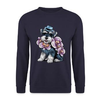 Cartoon Zwergschnauzer mit wundervollen Orchideen - Unisex Pullover - Navy - Vorne - Alina (178cm) & Michal (187cm)