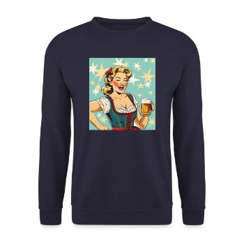 Hübsche Frau im Dirndl mit Bier Trachten - Unisex Pullover - Navy - Vorne - Alina (178cm) & Michal (187cm)