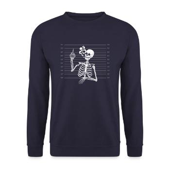 Rauchende Skelet Mugshot - Verbrecher-Foto - Unisex Pullover - Navy - Vorne - Alina (178cm) & Michal (187cm)