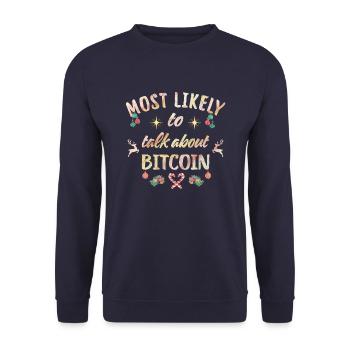 most likely to talk about bitcoin - Unisex Pullover - Navy - Vorne - Alina (178cm) & Michal (187cm)