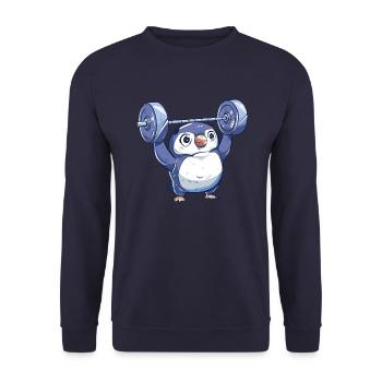 Pinguin Hantel Workout Cartoon - Unisex Pullover - Navy - Vorne - Alina (178cm) & Michal (187cm)
