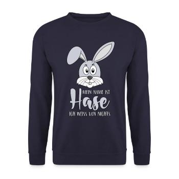 Mein Name ist Hase Ich weiss von nichts - Unisex Pullover - Navy - Vorne - Alina (178cm) & Michal (187cm)