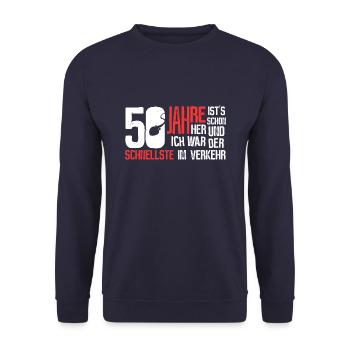 50. Geburtstag - schnellster im Verkehr - Unisex Pullover - Navy - Vorne - Alina (178cm) & Michal (187cm)