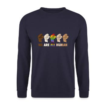 We are all Human - Pride Diversity - Unisex Pullover - Navy - Vorne - Alina (178cm) & Michal (187cm)