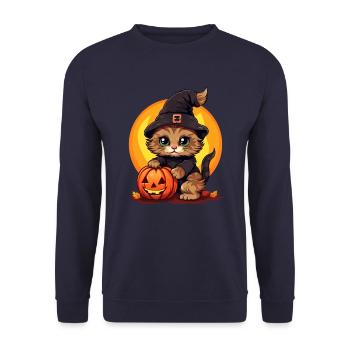 Chat d’Halloween: Sorcière au coucher du soleil avec citrouille - Sweat-shirt Unisexe - marine - Devant - Alina (178cm) & Michal (187cm)