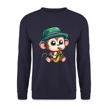 Jazz-Schimpanse mit Saxophon - Unisex Pullover - Navy - Vorne - Alina (178cm) & Michal (187cm)