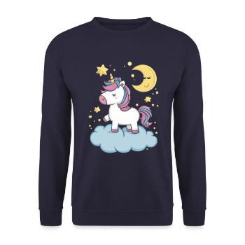 Kawaii Einhorn mit Wolken, Mond und Sternen - Unisex Pullover - Navy - Vorne - Alina (178cm) & Michal (187cm)