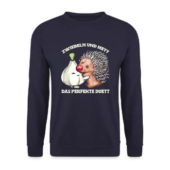Zwiebel und Mett Liebe - Mettigel & Hack Geschenk - Unisex Pullover - Navy - Vorne - Alina (178cm) & Michal (187cm)