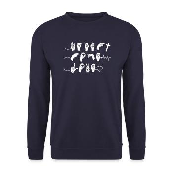 Glaube, Liebe, Hoffnung im Fingeralphabet - Unisex Pullover - Navy - Vorne - Alina (178cm) & Michal (187cm)