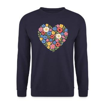 Blumenherz – Liebevoll & bunt gestaltet - Unisex Pullover - Navy - Vorne - Alina (178cm) & Michal (187cm)