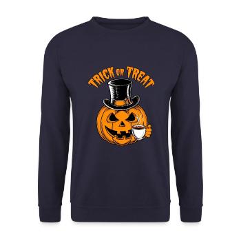 Lustiger Halloweenkürbis Trick or Treat mit Tasse - Unisex Pullover - Navy - Vorne - Alina (178cm) & Michal (187cm)