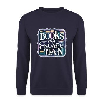 Leseratte Bücherwurm Spruch My Escape Plan - Unisex Pullover - Navy - Vorne - Alina (178cm) & Michal (187cm)