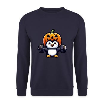 Halloween Penguin with Dumbbell Weightlifting Pumpkin - Unisex Sweatshirt - navy - Front - Alina (178cm) & Michal (187cm)
