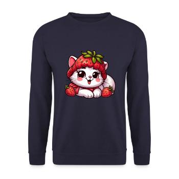 Süße Katze Erdbeere skurril Hut fruchtig Sommer - Unisex Pullover - Navy - Vorne - Alina (178cm) & Michal (187cm)