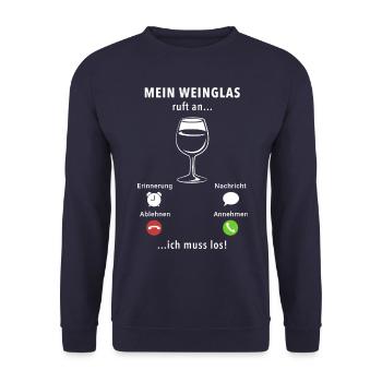 Mein Weinglas ruft an - ich muss los - Spruch - Unisex Pullover - Navy - Vorne - Alina (178cm) & Michal (187cm)