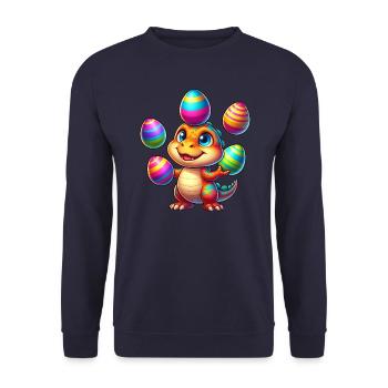 Easter Dino T-Rex juggles colorful Easter eggs - Unisex Sweatshirt - navy - Front - Alina (178cm) & Michal (187cm)