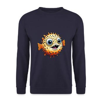 Lustiger lachender Kugelfisch - Unisex Pullover - Navy - Vorne - Alina (178cm) & Michal (187cm)