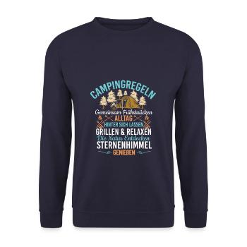 Lustig Camping Regeln Zelten Spruch - Unisex Pullover - Navy - Vorne - Alina (178cm) & Michal (187cm)