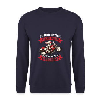 Früher hatten Hexen Besen Motorrad Bikerlady - Unisex Pullover - Navy - Vorne - Alina (178cm) & Michal (187cm)