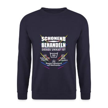 Schonend behandeln dieses Unikat ist 50 Geburtstag - Unisex Pullover - Navy - Vorne - Alina (178cm) & Michal (187cm)