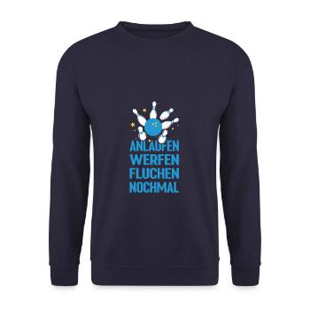 Anlaufen werfen Fluchen Nochmal Kegeln Bowling - Unisex Pullover - Navy - Vorne - Alina (178cm) & Michal (187cm)
