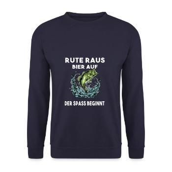 Rute raus Bier auf der Spass beginnt Angeln Angler - Unisex Pullover - Navy - Vorne - Alina (178cm) & Michal (187cm)