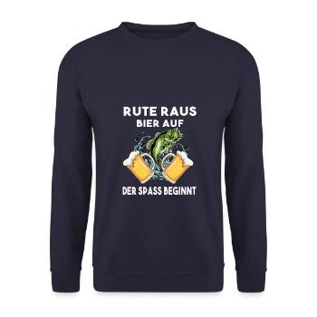 Rute raus Bier auf der Spass beginnt Angeln Angler - Unisex Pullover - Navy - Vorne - Alina (178cm) & Michal (187cm)
