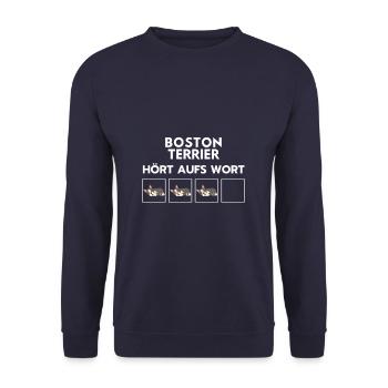 Boston Terier listens to the word dog breed - Unisex Sweatshirt - navy - Front - Alina (178cm) & Michal (187cm)