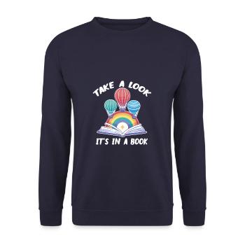 Take A Look It's A Book Retro Rainbow Reading - Unisex Pullover - Navy - Vorne - Alina (178cm) & Michal (187cm)