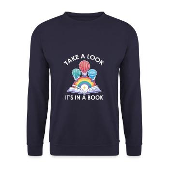 Take A Look It's A Book Retro Rainbow Reading - Unisex Pullover - Navy - Vorne - Alina (178cm) & Michal (187cm)