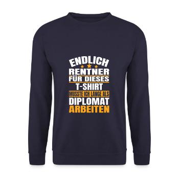Endlich Rente 2023 Ruhestand Beruf Diplomat - Unisex Pullover - Navy - Vorne - Alina (178cm) & Michal (187cm)