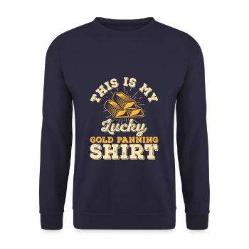 Ceci est ma chemise porte-bonheur en or - Sweat-shirt Unisexe - marine - Devant - Alina (178cm) & Michal (187cm)