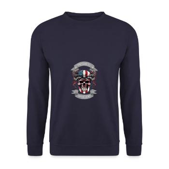 One Badass Bonus Dad Viking Skull American Flag2 - Unisex Pullover - Navy - Vorne - Alina (178cm) & Michal (187cm)