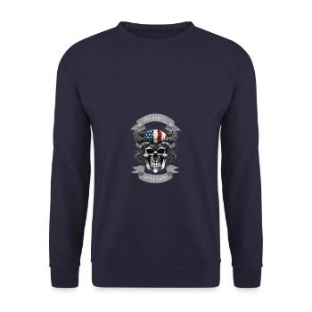 One Badass Bonus Dad Viking Skull American Flag2 - Unisex Pullover - Navy - Vorne - Alina (178cm) & Michal (187cm)