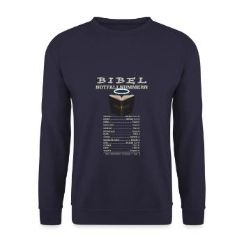 Bibel Notfallnummer Lustige Bibelverse Taufe - Unisex Pullover - Navy - Vorne - Alina (178cm) & Michal (187cm)