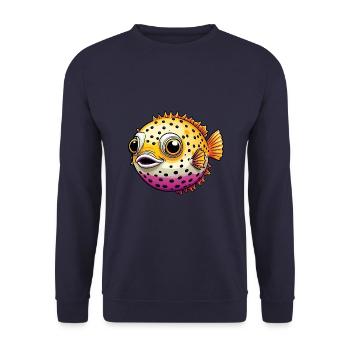 Fröhlicher lachender bunter Kugelfisch - Unisex Pullover - Navy - Vorne - Alina (178cm) & Michal (187cm)