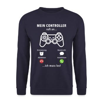 Mein Controller ruft an - ich muss los - Spruch - Unisex Pullover - Navy - Vorne - Alina (178cm) & Michal (187cm)