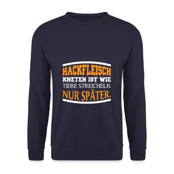 Hackfleisch kneten ist wie Tiere streicheln - Unisex Pullover - Navy - Vorne - Alina (178cm) & Michal (187cm)