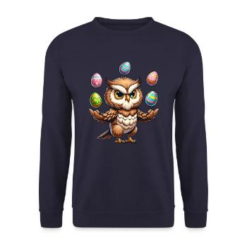 Comic Eule Jongliert mit Osterei Ostern Ei - Unisex Pullover - Navy - Vorne - Alina (178cm) & Michal (187cm)