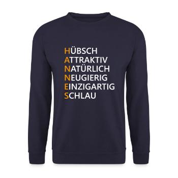 Hannes Name Geschenk - Unisex Pullover - Navy - Vorne - Alina (178cm) & Michal (187cm)