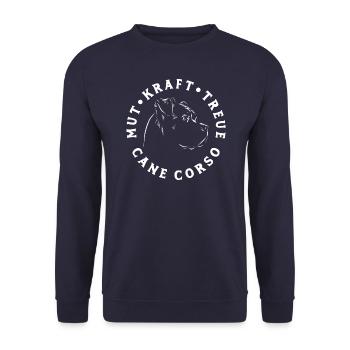 Mut Kraft Treue, Cane Corso - Hunde Fan - Unisex Pullover - Navy - Vorne - Alina (178cm) & Michal (187cm)