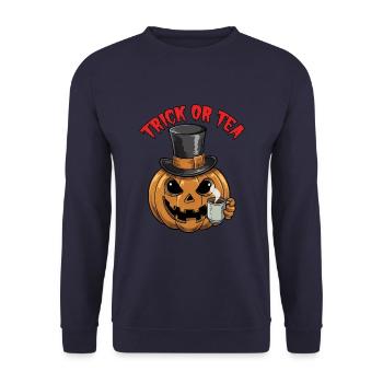 Trick or Tea lustiger Halloweenkürbis mit Teetasse - Unisex Pullover - Navy - Vorne - Alina (178cm) & Michal (187cm)