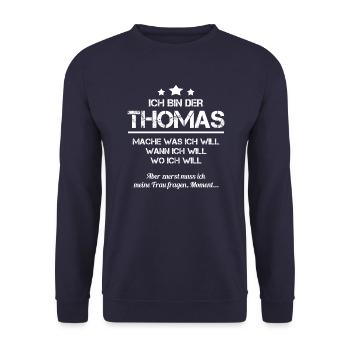 ich bin der Thomas Spitzname Vorname Name Geschnek - Unisex Pullover - Navy - Vorne - Alina (178cm) & Michal (187cm)